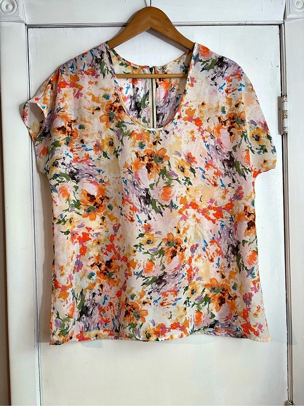 Japna Floral Zip Neck Blouse in White & Orange